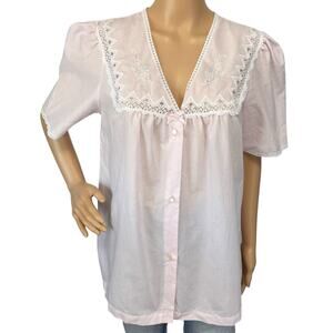 2/$30 Vintage 80s Barbizon Pajama Top Pale Pink Button Lace Embroidered Size M